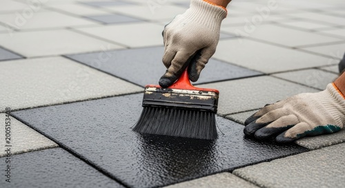 Applying Protective Sealant to Outdoor Pavement Tiles with Brush for Home Improvement and