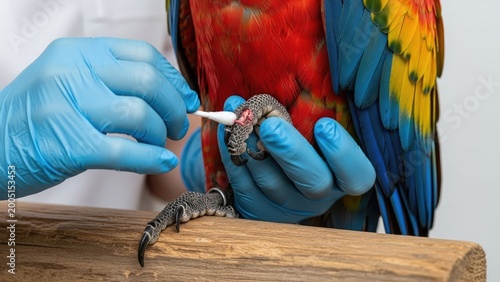 Veterinarian treats injured macaw parrot's leg with cotton swab and antiseptic