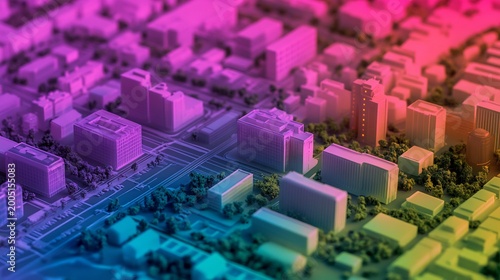 Aerial Smart Urban Planning Model Showcasing Ai Driven Efficiency Metrics Other Colored Background