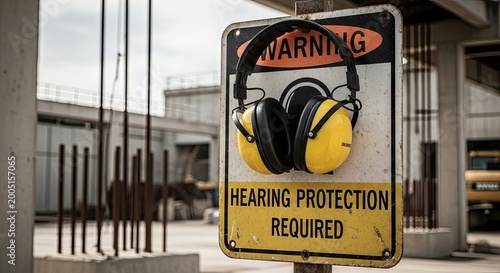 Yellow hearing protection headphones on warning sign at construction site emphasizing industrial