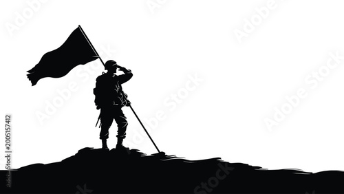 Photos Silhouette of a soldier saluting with a flag waving in the background
