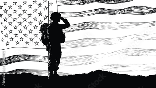 Foto A solemn silhouette of a soldier saluting before the american flag