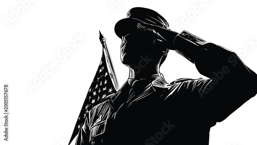 Cuadro en lienzo A silhouetted soldier saluting the american flag in a monochrome style
