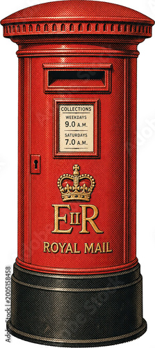 Classic British Red Royal Mail Post Box with Collection Times