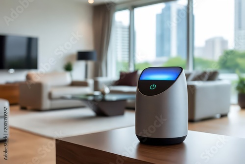 Smart home device with glowing blue light and power button in a modern living room