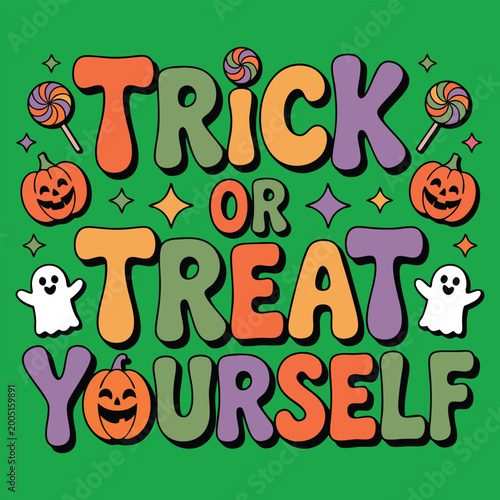Colorful halloween trick or treat yourself text with pumpkins, ghosts and candies on green background