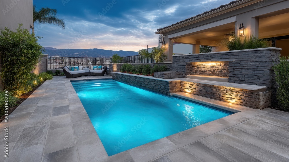 Fototapeta premium Elegant Outdoor Living Space with Swimming Pool, Cozy Lounge Area, and Beautiful Landscape at Dusk in a Modern Residential Backyard
