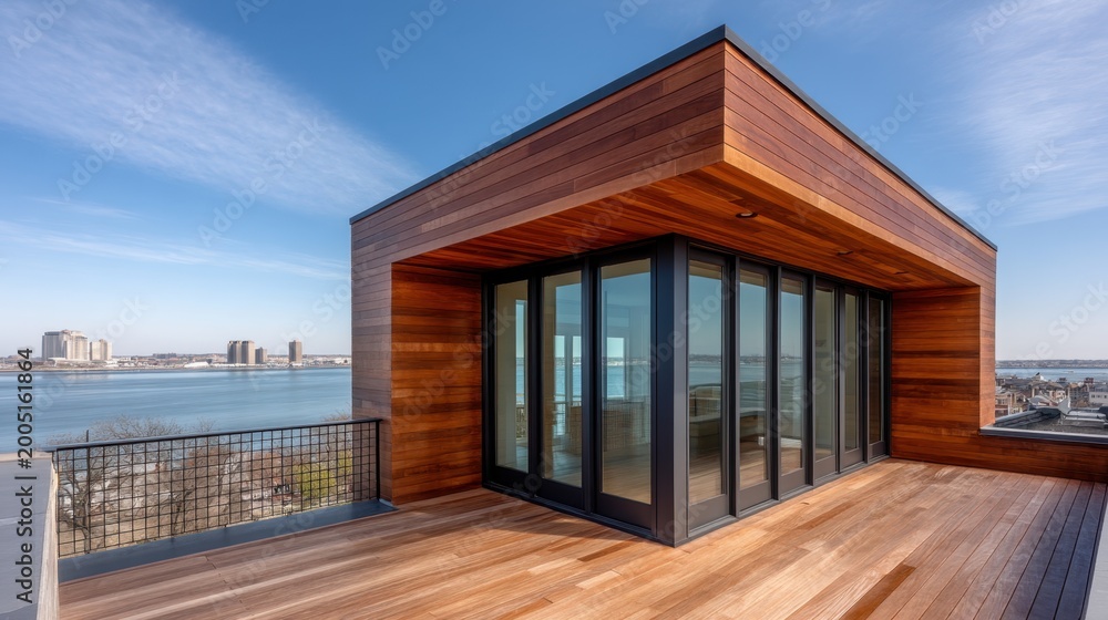 Obraz premium Modern architectural design featuring a sunlit wooden terrace overlooking a serene waterfront view with city skyline on a clear day