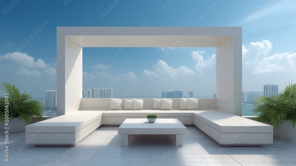 Fototapeta premium Modern Rooftop Outdoor Lounge Area with White Furniture, Scenic City View and Clear Blue Sky Perfect for Relaxation and Leisure Activities