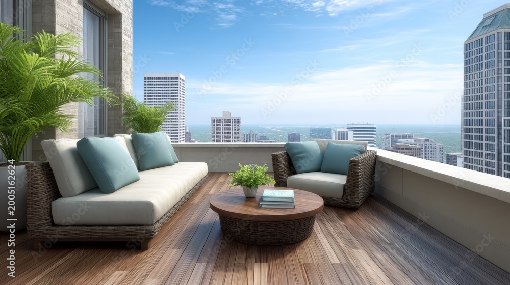 Naklejka premium Cozy and Modern Outdoor Terrace with Comfortable Furniture and Stunning City View on a Bright Sunny Day