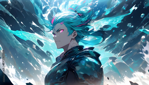 Dynamic anime character with glowing hair and intense expression