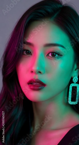 Close-up portrait of a woman's face with dramatic pink and green lighting, showcasing her features and elegant earrings, representing beauty, glamour, and a vibrant aesthetic