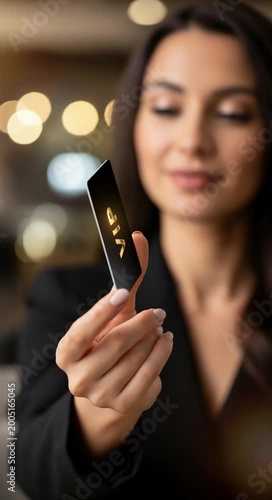 Woman holding a black card with gold VIP lettering, showcasing exclusivity, access, special privilege, and prestige.