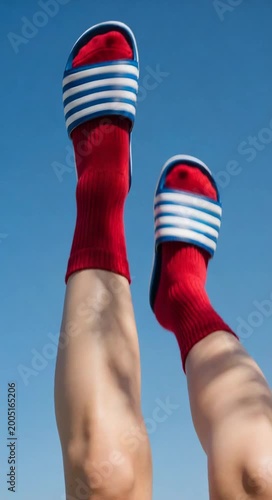 Legs in red socks and striped sandals extend upwards against a clear blue sky, showcasing a playful and vibrant summer vibe. Concept: Summertime freedom and carefree spirit.