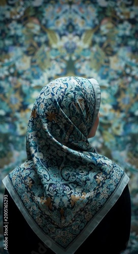 A person wears a patterned headscarf against a matching ornate background, showcasing cultural identity, tradition, and decorative art.