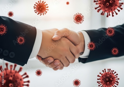 Handshake amidst viral particles illustrating partnership