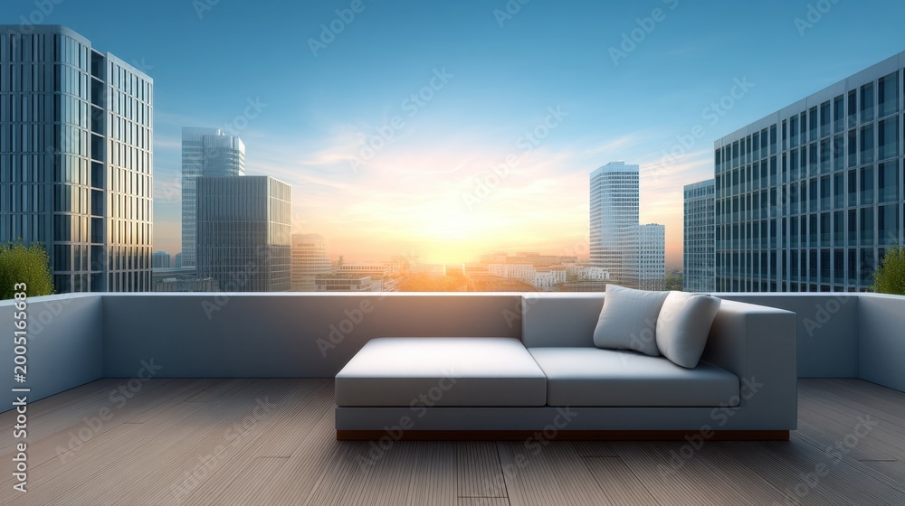 Fototapeta premium Modern balcony with sleek furniture overlooking a vibrant city skyline during sunset, showcasing urban lifestyle and tranquility in a busy environment.