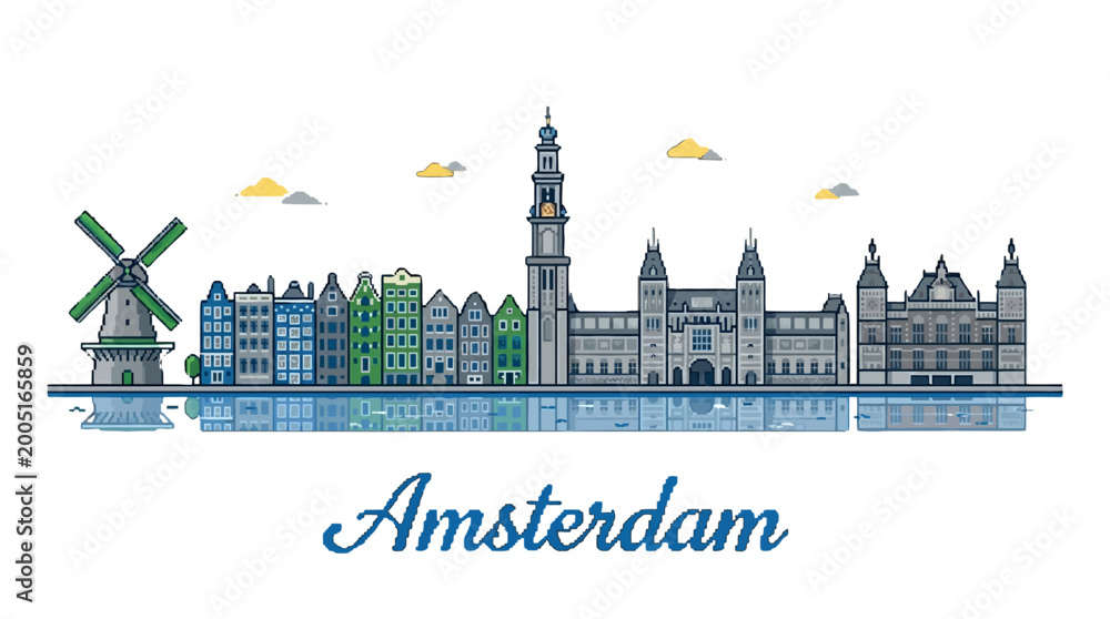 Obraz premium Stylized digital illustration of Amsterdam cityscape featuring iconic buildings windmill and canals in a modern minimalist design