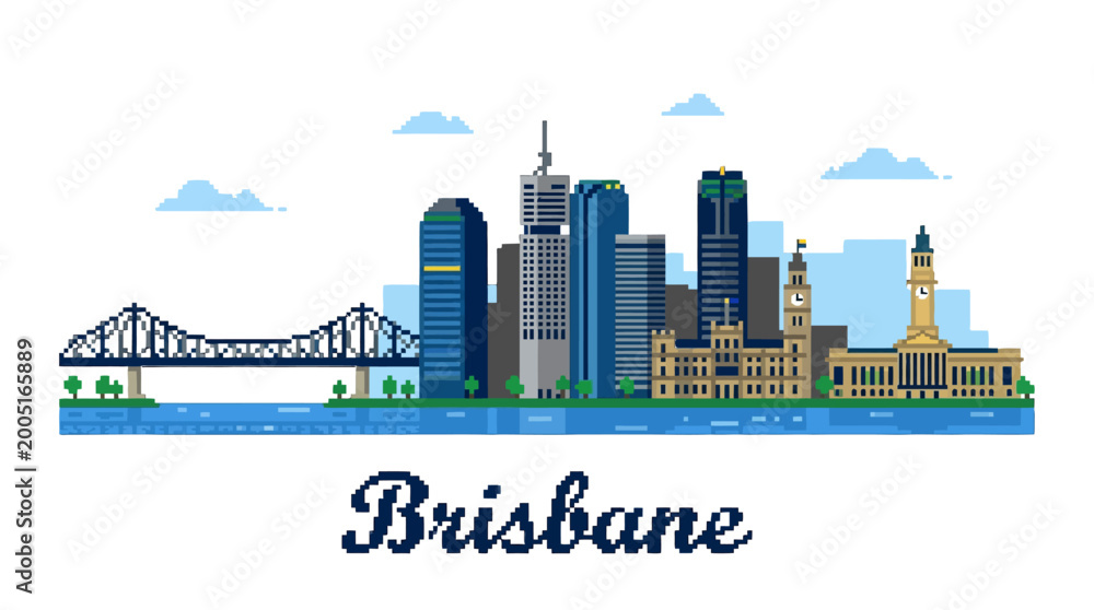 Obraz premium Colorful pixel art depiction of Brisbane city skyline featuring iconic bridges and skyscrapers with a serene water reflection
