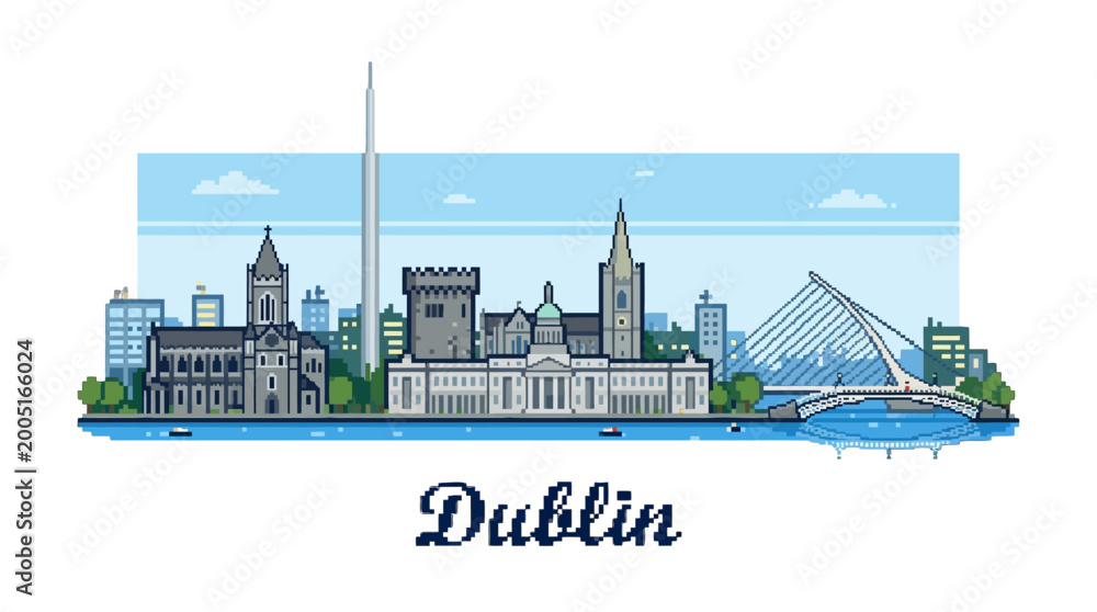 Fototapeta premium Vibrant digital illustration of Dublin skyline showcasing historic landmarks and modern architecture with a colorful, stylized