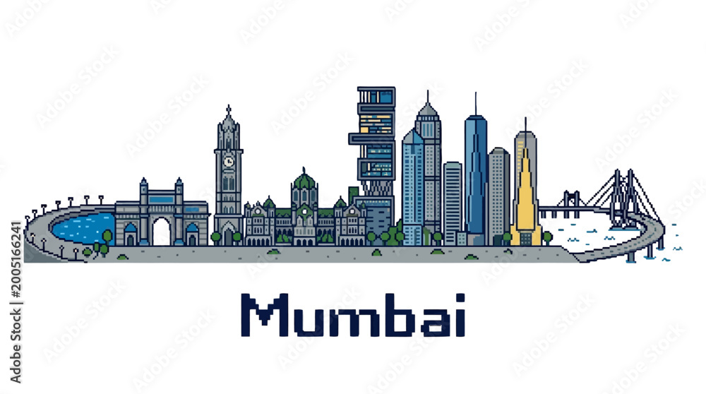 Obraz premium Detailed digital pixel art illustration of Mumbai skyline with iconic landmarks and vibrant cityscape elements capturing the