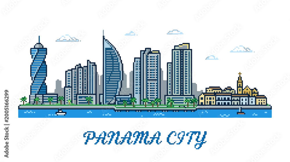 Fototapeta premium Panama City skyline featuring modern skyscrapers along waterfront with lush greenery and historical architecture in vibrant