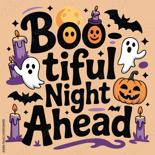 Spooky halloween illustration with ghosts, pumpkins, bats, and candles