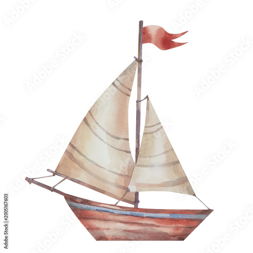 Photos Hand drawn watercolor yacht with sails for a nautical themed design
