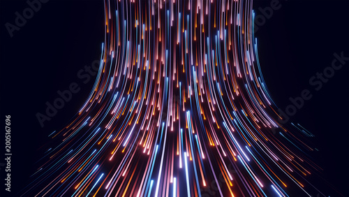 Digital data flow of glowing lines rising and bending on a dark background