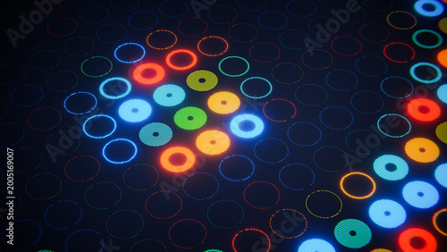 Digital screen displaying colorful glowing circle pixel patterns in retro arcade gaming style