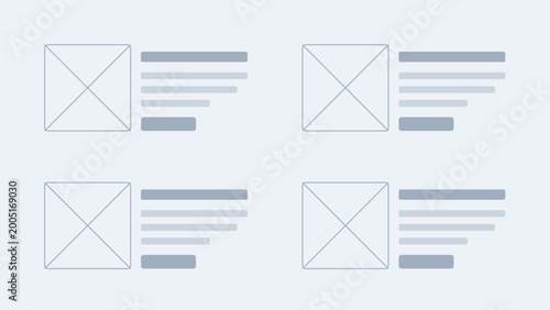 Four wireframe ui template cards with gray and white design on light blue background for web and mobile app development