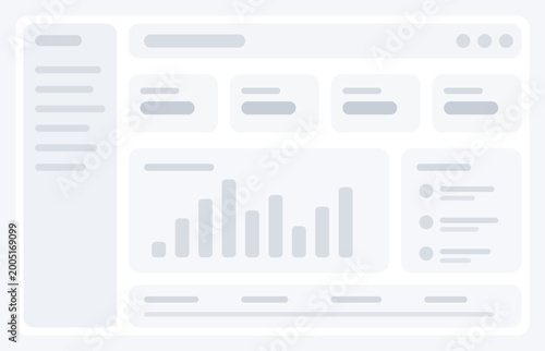Tableau sur toile Wireframe dashboard skeleton with bar chart and ui elements on a clean white bac