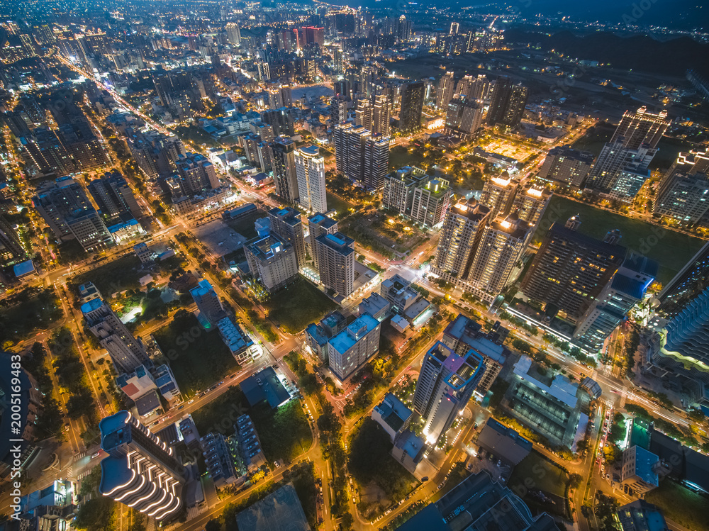 Fototapeta premium Aerial View of Zhubei City - City, Building, Real estate concept image. Birds eye view use the drone, shot in Zhubei City, Hsinchu, Taiwan.