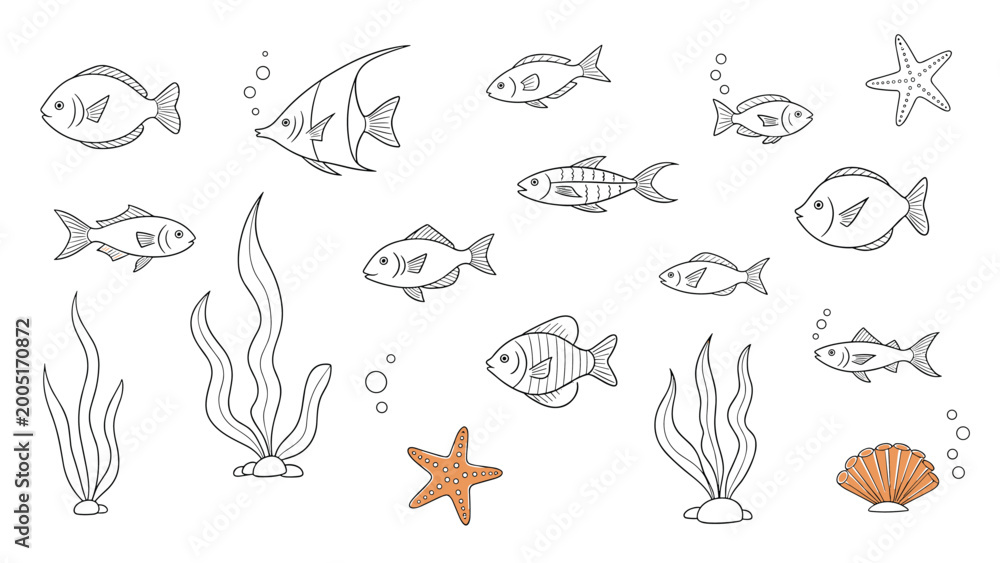 Obraz premium Collection of hand drawn undersea life including various fish, seaweed, starfish, and bubbles with orange accents for ocean themes.