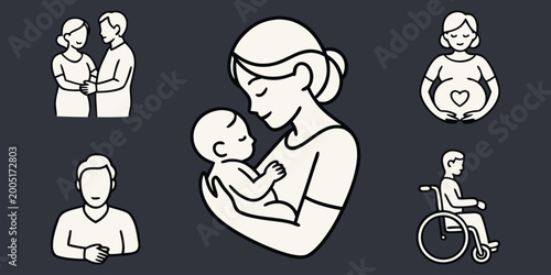 Mother holding baby with various family and health related icons around her