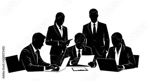 Dynamic business team silhouettes collaborating in a corporate meeting setting, illustrating teamwork and professional discussion.