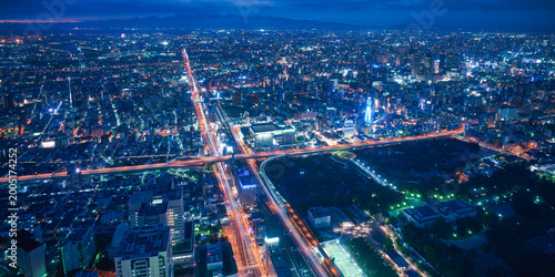 Osaka city skyline - asia modern business city, cityscape birds eye view at night, shot in Abeno harukas, Osaka, Japan.
