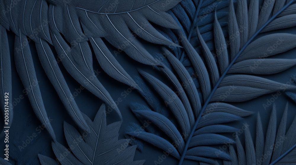 Obraz premium Dark Navy Blue Tropical Leaves Embossed Paper Texture Background