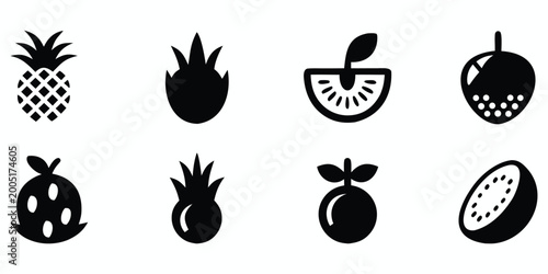 Collection of various fruit icons in black and white