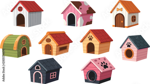 Schilderij op canvas Cute pet house and dog kennel cartoon set vector illustration collection