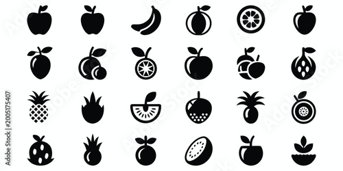 Collection of various fruit icons in black and white, including apples, bananas, oranges, pineapples, and more