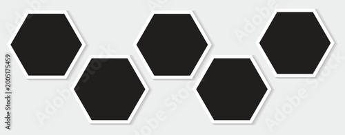 5 Polygon photo frames template of hexagon shapes in a creative layout. Used as a printable photo collage or a blank mock up for album pictures or photographs collection in a classic old style.