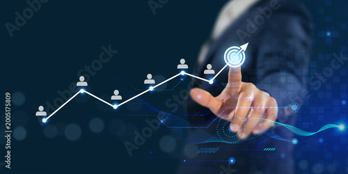 Partner Driven Business Success. Businessman touches rising graph with team icons, symbolizing partner collaboration, shared growth and data driven success in a connected digital ecosystem.