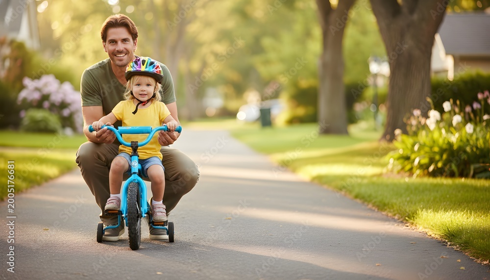 Obraz premium Proud dad showing child how to ride a bike on a sunny suburban sidewalk, capturing a heartwarming teaching moment for a family bonding and development concept