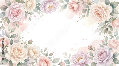 Elegant floral frame with soft pink roses and watercolor leaves for wedding invitation