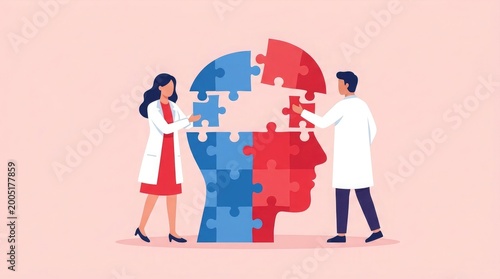Mental health concept doctors connecting puzzle pieces of a brain