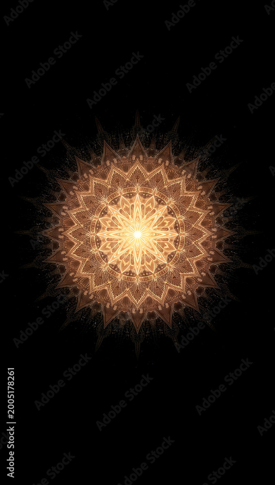 Fototapeta premium Intricate golden sun mandala on black background, glowing sacred geometry with mystical light and spiritual symmetry.