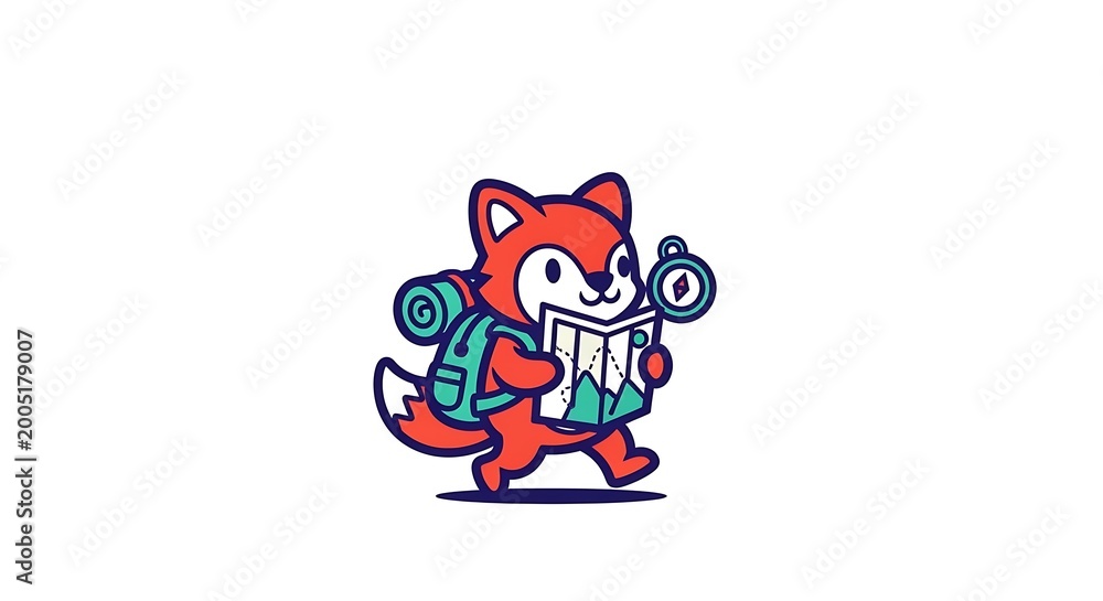Fototapeta premium Fox explorer with a backpack walks through the wilderness while checking a detailed paper map.