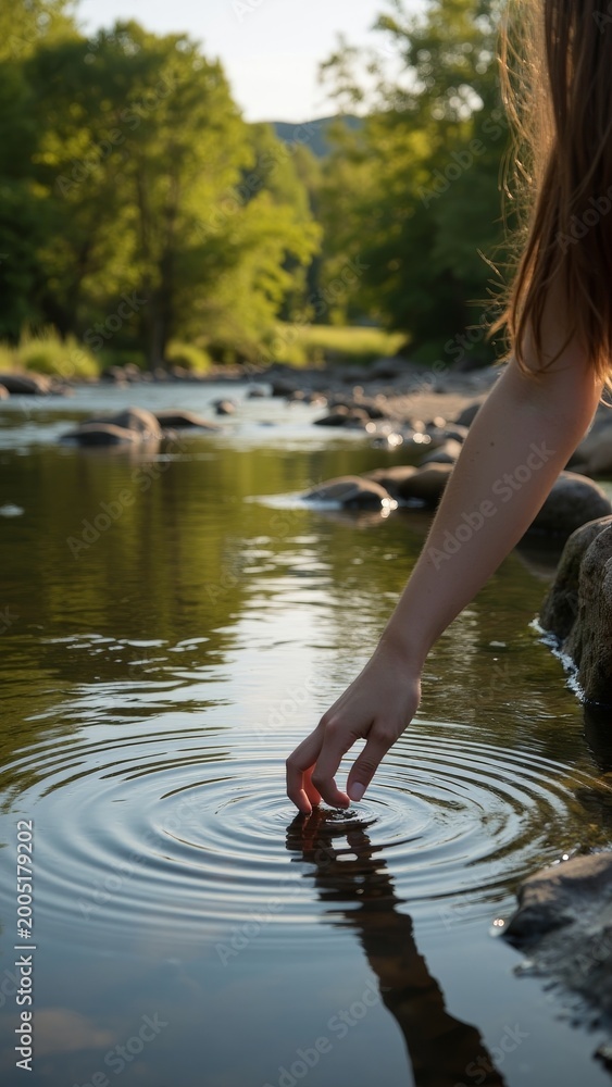 Fototapeta premium Hand gently immersed in water surface creating ripples, surrounded by rocky shore.