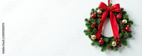 Modern minimalist Christmas wreath with bells, hanging on white , festive, xmas
